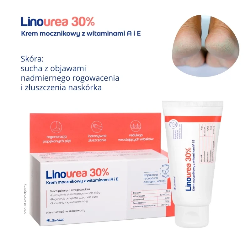 Linourea 30%, krem mocznikowy z witaminami A i E, 50 g - Intensywnie złuszczający i nawilżający krem  do stóp i pięt - 5