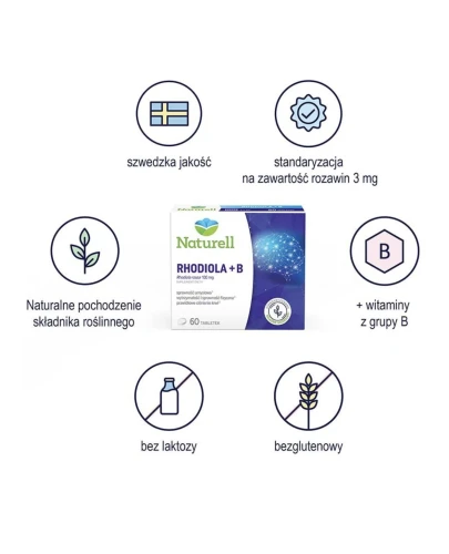 Naturell Rhodiola + B, 60 tabletek - Preparat z różeńcem górskim, wspomaga sprawność fizyczną i umysłową - 1