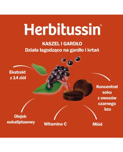 Herbitussin Kaszel i Gardło, 12 pastylek do ssania - Z czarnym bzem i eukaliptusem łagodzące podrażnienia gardła, krtani i strun głosowych - 1