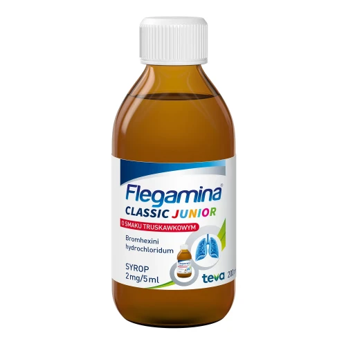 Flegamina Classic Junior o smaku truskawkowym 2 mg/5 ml, syrop 200 ml  - Ułatwia odkrztuszanie, oczyszcza oskrzela - 1