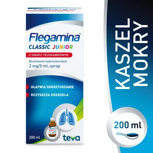 Flegamina Classic Junior o smaku truskawkowym 2 mg/5 ml, syrop 200 ml  - Ułatwia odkrztuszanie, oczyszcza oskrzela - 2