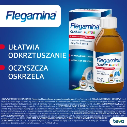 Flegamina Classic Junior o smaku truskawkowym 2 mg/5 ml, syrop 200 ml  - Ułatwia odkrztuszanie, oczyszcza oskrzela - 4
