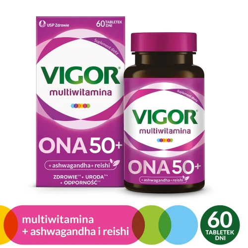 Vigor Multiwitamina Ona 50+, 60 tabletek - Zestaw witamin i minerałów z ashwagandhą i reishi - 7