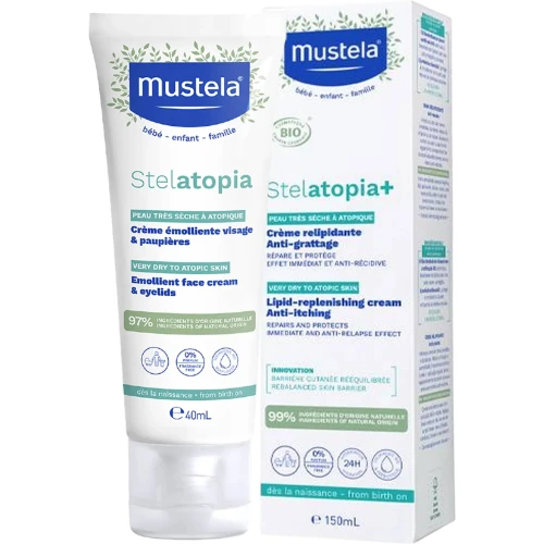 Mustela Stelatopia emolient do twarzy i na powieki, krem 40 ml - Łagodzi podrażnienia i zmniejsza uczucie swędzenia - 1