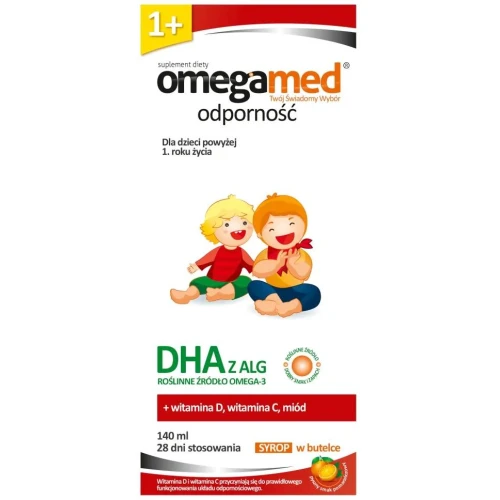 Omegamed Odporność 1+, syrop o smaku pomarańczowym, 140 ml - Roślinne DHA z alg z miodem i witaminami D i C dla naturalnego wsparcia odporności - 1