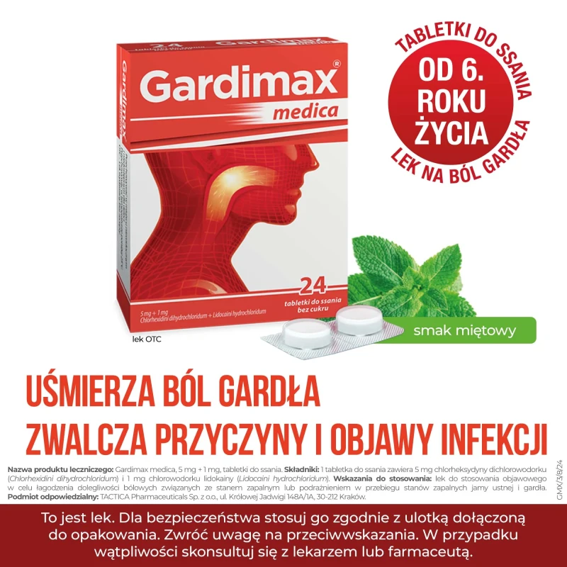 Gardimax Medica miętowy 5 mg + 1 mg, 24 tabletki do ssania - Na stany zapalne gardła. Lek odkażający z chlorheksydyną - 1