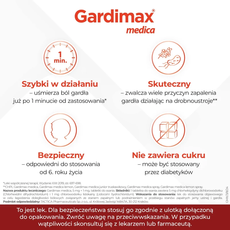 Gardimax Medica miętowy 5 mg + 1 mg, 24 tabletki do ssania - Na stany zapalne gardła. Lek odkażający z chlorheksydyną - 2