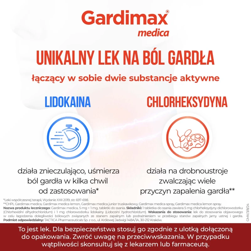 Gardimax Medica miętowy 5 mg + 1 mg, 24 tabletki do ssania - Na stany zapalne gardła. Lek odkażający z chlorheksydyną - 3