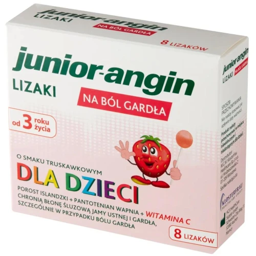 Junior angin, smak truskawkowy, 8 lizaków do ssania - Z porostu islandzkiego, powlekają błonę śluzową jamy ustnej ochronnym filmem - 1