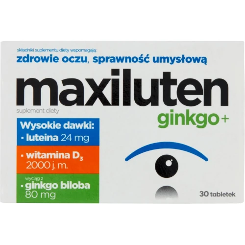 Maxiluten ginkgo+, 30 tabletek - Z luteiną, witaminą D3 oraz wyciągiem z Ginkgo Biloba, które wspierają zdrowie oczu i sprawność umysłową - 1