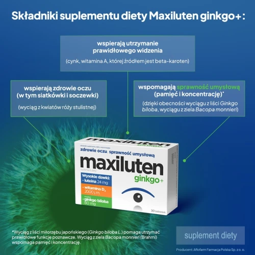 Maxiluten ginkgo+, 30 tabletek - Z luteiną, witaminą D3 oraz wyciągiem z Ginkgo Biloba, które wspierają zdrowie oczu i sprawność umysłową - 3