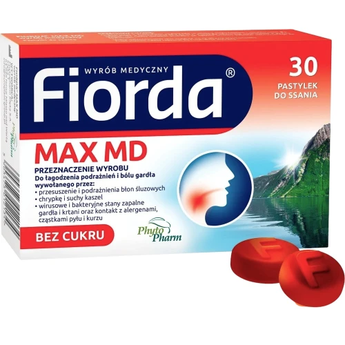 Fiorda Max MD, 30 pastylek do ssania - Z chrząstnicą kędzierzawą i porostem islandzkim łagodzące podrażnienie i ból gardła - 1