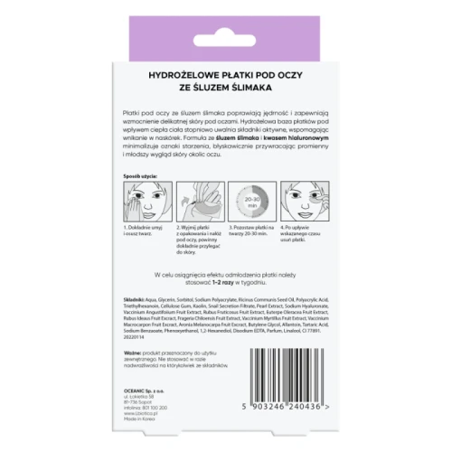 L'Biotica, hydrożelowe płatki pod oczy, ze śluzem ślimaka, 6 sztuk - Odmładzające płatki pod oczy ze śluzem ślimaka i kwasem hialuronowym - 1