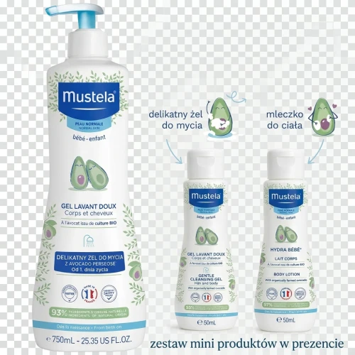 Mustela Delikatny żel do mycia 750 ml + zestaw mini produktów - Od 1. dnia życia pielęgnuje i oczyszcza skórę oraz włosy niemowląt - 1