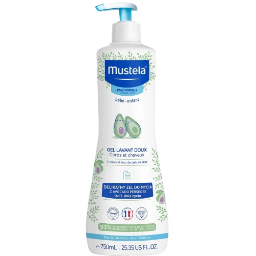 Mustela Delikatny żel do mycia 750 ml + zestaw mini produktów - Od 1. dnia życia pielęgnuje i oczyszcza skórę oraz włosy niemowląt - 3