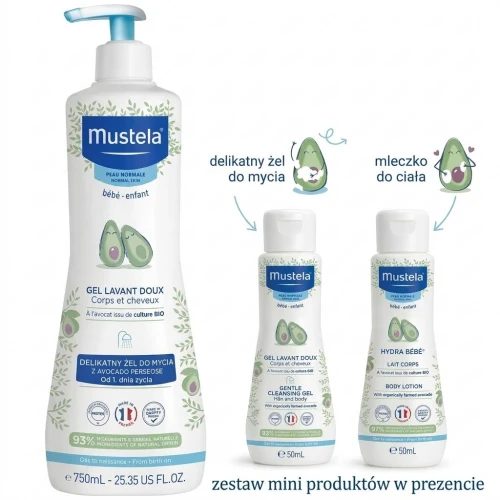 Mustela Delikatny żel do mycia 750 ml + zestaw mini produktów - Od 1. dnia życia pielęgnuje i oczyszcza skórę oraz włosy niemowląt - 1