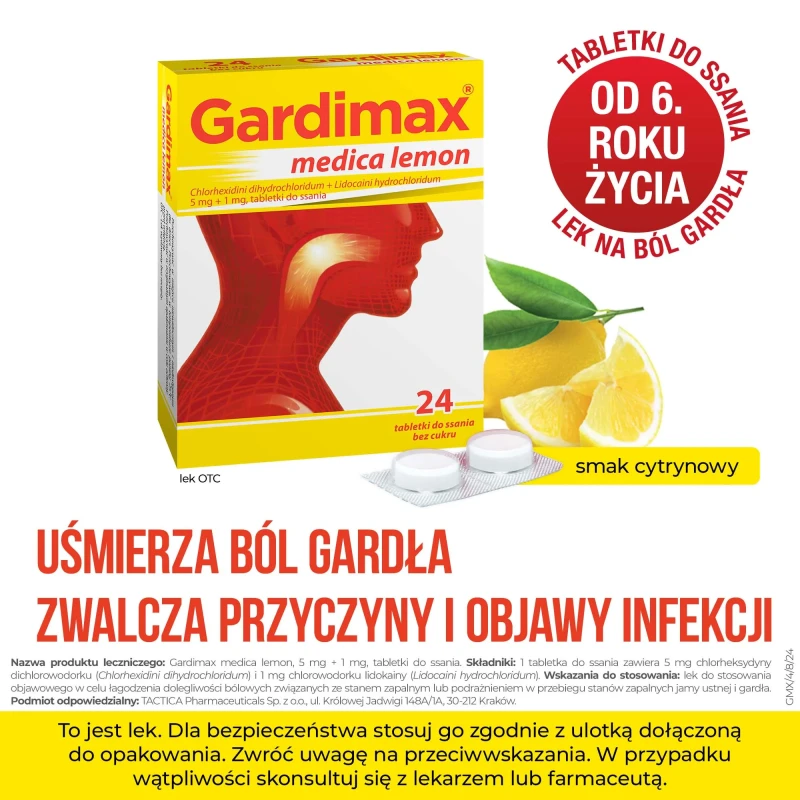 Gardimax Medica Lemon 5 mg + 1 mg, bez cukru, 24 tabletki do ssania - Tabletki do ssania na ból gardła i stany zapalne jamy ustnej - 1