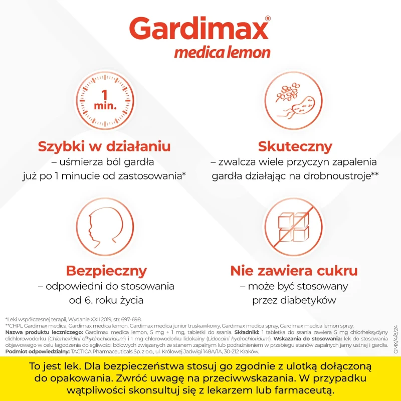 Gardimax Medica Lemon 5 mg + 1 mg, bez cukru, 24 tabletki do ssania - Tabletki do ssania na ból gardła i stany zapalne jamy ustnej - 2