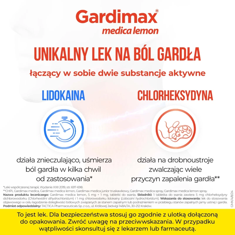 Gardimax Medica Lemon 5 mg + 1 mg, bez cukru, 24 tabletki do ssania - Tabletki do ssania na ból gardła i stany zapalne jamy ustnej - 3