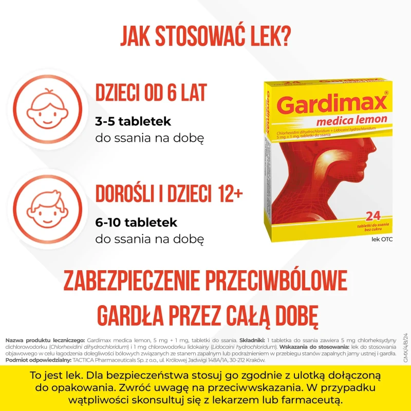 Gardimax Medica Lemon 5 mg + 1 mg, bez cukru, 24 tabletki do ssania - Tabletki do ssania na ból gardła i stany zapalne jamy ustnej - 4