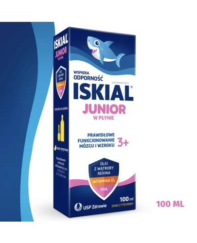 Iskial Junior, smak cytrynowy, płyn 100 ml  - Z wątroby rekina i dorsza z DHA oraz witaminą D, dla dzieci powyżej 3. roku życia i dorosłych - 1