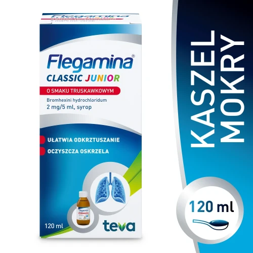 Flegamina Classic Junior o smaku truskawkowym 2mg/5ml, syrop 120 ml - Na mokry kaszel dla dzieci - 2