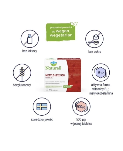 Naturell Metylo-B12 500, 60 tabletek - Wspomaga funkcjonowanie układu odpornościowego oraz zmniejszenia uczucia zmęczenia - 1