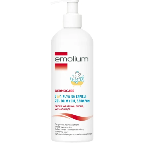 Emolium Dermocare 3w1, płyn 400 ml - Płyn do kąpieli, żel do mycia i szampon dla niemowląt  po 1. miesiącu życia - 1