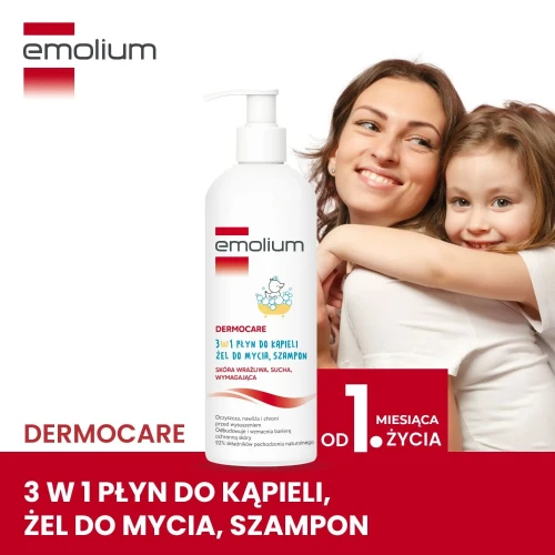 Emolium Dermocare 3w1, płyn 400 ml - Płyn do kąpieli, żel do mycia i szampon dla niemowląt  po 1. miesiącu życia - 3