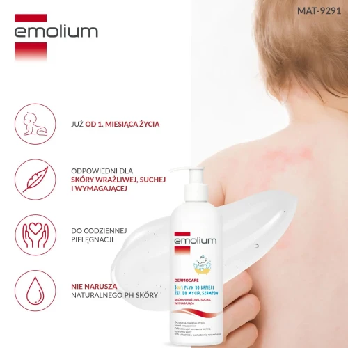 Emolium Dermocare 3w1, płyn 400 ml - Płyn do kąpieli, żel do mycia i szampon dla niemowląt  po 1. miesiącu życia - 4
