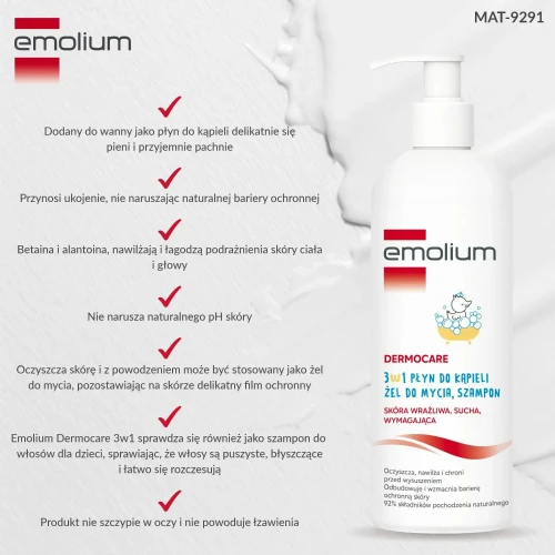 Emolium Dermocare 3w1, płyn 400 ml - Płyn do kąpieli, żel do mycia i szampon dla niemowląt  po 1. miesiącu życia - 5