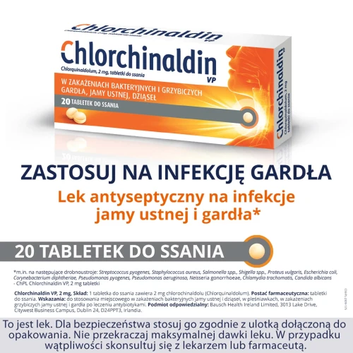 Chlorchinaldin VP 2 mg, 20 tabletek do ssania - Leczy bakteryjne i grzybicze infekcje gardła i jamy ustnej oraz dziąseł - 1