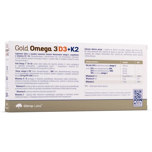 Olimp Gold Omega 3 D3+K2, 30 kapsułek miękkich - Z kwasami Omega 3 oraz witaminami D i K - 1