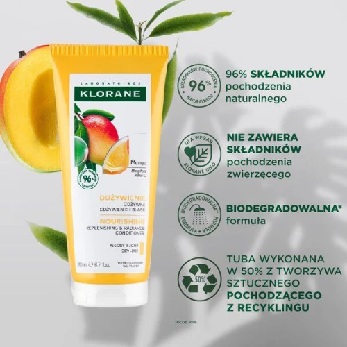 Klorane Mango, odżywka do włosów suchych i zniszczonych, 200 ml - Wzmacnia końcówki i ułatwia rozczesywanie - 1