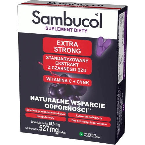 Sambucol Extra Strong, 30 kapsułek - Suplement diety z czarnym bzem, witaminą C i cynkiem - 1