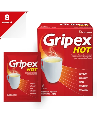 Gripex Hot, proszek do sporządzania roztworu doustnego, 8 saszetek - Wieloskładnikowy lek na objawy przeziębienia - 1