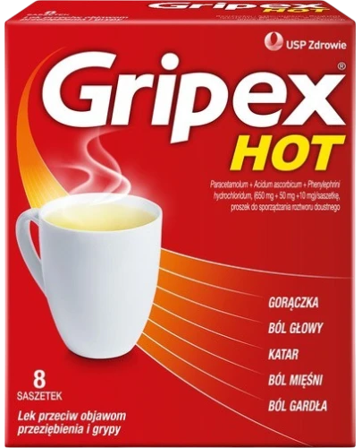 Gripex Hot, proszek do sporządzania roztworu doustnego, 8 saszetek - Wieloskładnikowy lek na objawy przeziębienia - 5