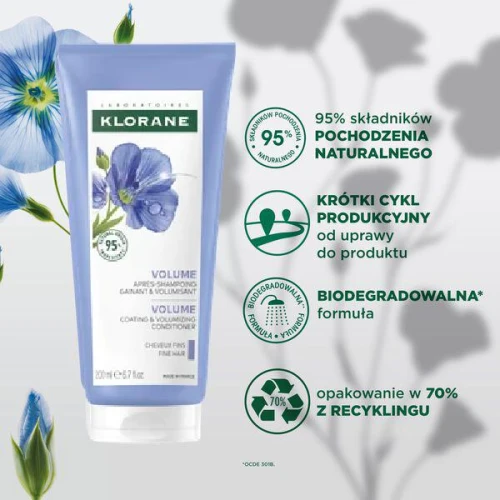 Klorane Len, odżywka do włosów cienkich, 200 ml - Dodaje objętości i rozplątuje włosy bez obciążania - 1