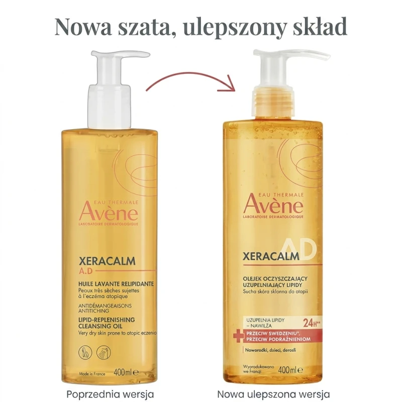 Avène XeraCalm A.D Olejek oczyszczający uzupełniający lipidy, 400 ml - Olejek oczyszczający uzupełniający lipidy do skóry suchej i bardzo suchej - 1