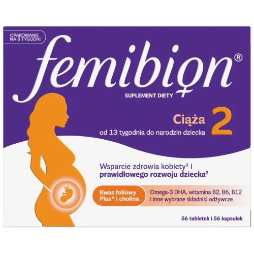 Femibion 2 Ciąża, 56 tabletek powlekanych + 56 kapsułek miękkich - Zestaw witamin i minerałów dla kobiet w ciąży z kwasem foliowym i DHA - 1