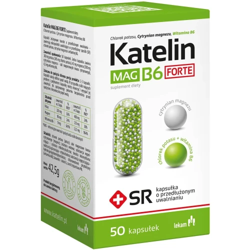Katelin Mag B6 Forte, 50 kapsułek o przedłużonym uwalnianiu - Uzupełnia dietę w potas, magnez i witaminę B6 - 1
