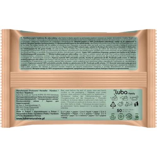 Luba Eco Family nawilżany papier toaletowy Woda aloesowa, 50 sztuk - Ekologiczny papier z pop-up może być spłukiwany w toalecie - 1