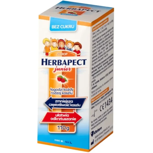 Herbapect Junior bez cukru syrop, 110g  - Syrop bez cukru o smaku malinowym z naturalnymi wyciągami na każdy rodzaj kaszlu - 1