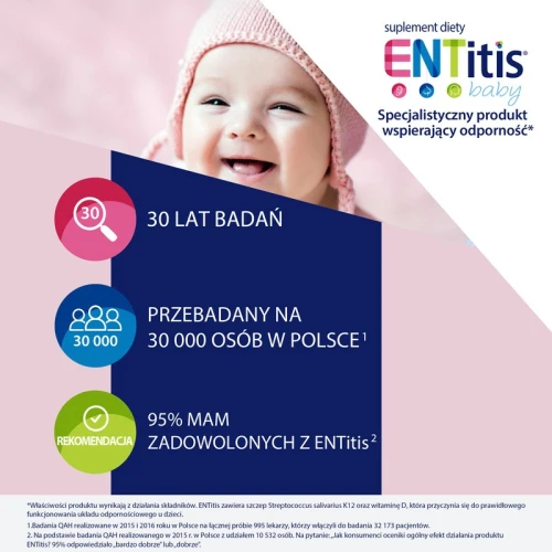 ENTitis baby smak truskawkowy, 30 saszetek  - Zawiera szczep Streptococcus salivarius K12, dla dzieci i niemowląt powyżej 6. miesiąca życia - 1