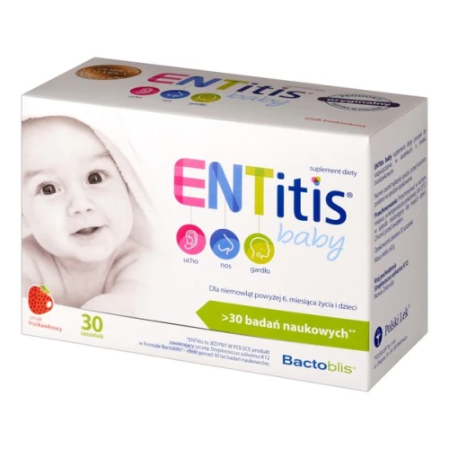 ENTitis baby smak truskawkowy, 30 saszetek  - Zawiera szczep Streptococcus salivarius K12, dla dzieci i niemowląt powyżej 6. miesiąca życia - 2