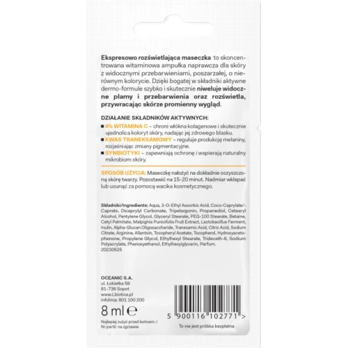 L'biotica Dermomask Ekspresowo rozświetlająca maseczka do twarzy z witaminą C, 8 ml - Odmładza i redukuje przebarwienia - 1