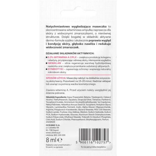 L'biotica Dermomask wygładzająca maseczka do twarzy z witaminą A, 8 ml - Wspomaga procesy regeneracyjne skóry, spłyca zmarszczki - 1