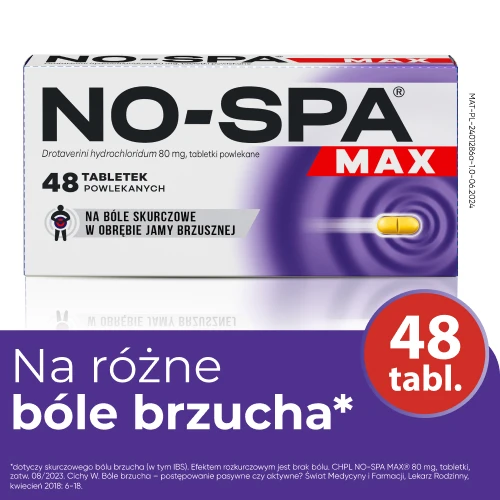 No-Spa Max, 80 mg, 48 tabletek - Zmniejszające ból  i bolesne skurcze w obrębie narządów jamy brzusznej oraz miednicy mniejszej - 1