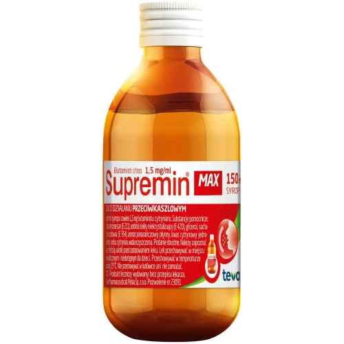 Supremin Max syrop, 150 ml - Zmniejsza częstość i natężenie kaszlu poprzez hamowanie odruchu kaszlowego - 1