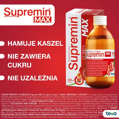 Supremin Max syrop, 150 ml - Zmniejsza częstość i natężenie kaszlu poprzez hamowanie odruchu kaszlowego - 5